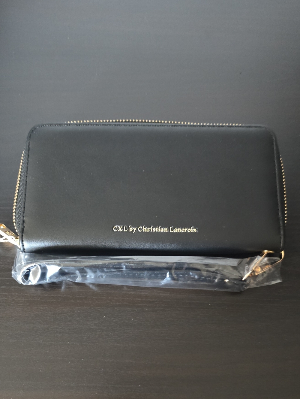 Christian Lacroix Black Zip-Around Wristlet with Gold Accents